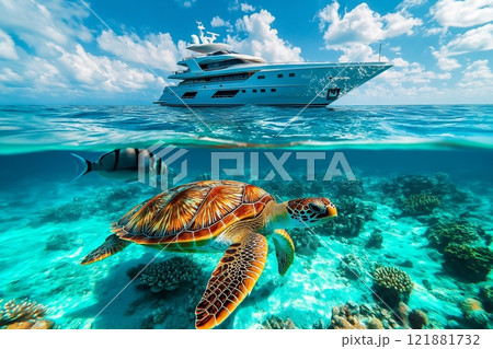 Tropical beach, yacht and coral reef underwater 121881732