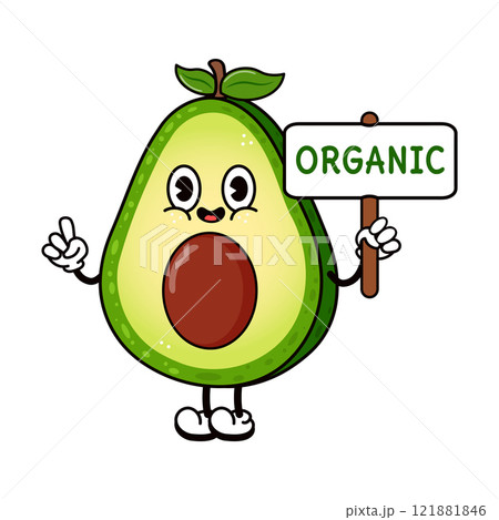 Cute funny Avocado with an inscription organic character.Vector hand drawn Avocado character illustration icon. Isolated white background 121881846