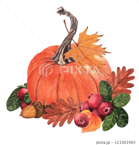 Composition of pumpkin, leaves, acorn and cranberries. Pumpkin, leaves, cranberries, acorn, fall, thanksgiving day, holiday 121881903