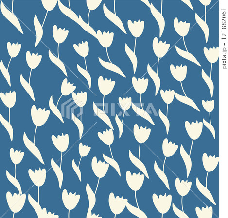 bicolor contour silhouette seamless pattern with flowers and leaves. Abstract floral spring, summer pastel pattern. 121882061