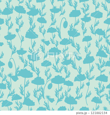 bicolor contour silhouette seamless pattern with poppy flowers and leaves. Abstract floral spring, summer pattern 121882134
