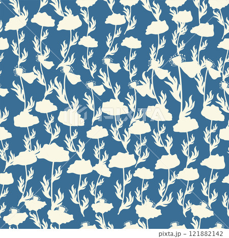 bicolor contour silhouette seamless pattern with poppy flowers and leaves. Abstract floral spring, summer pattern 121882142