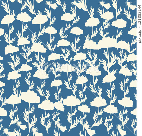 bicolor contour silhouette seamless pattern with poppy flowers and leaves. Abstract floral spring, summer pattern bicolor contour silhouette seamless pattern with poppy flowers and leaves. Abstract floral spring, summer pattern 121882144