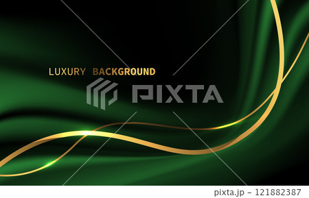 Abstract green fabric satin wave black shadow gold light luxury curve overlap with blank space for text place design modern creative background 121882387