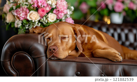 Sleeping Dog on Leather Sofa 121882539