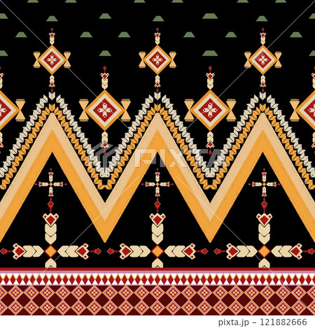 Arabian ethnic fabric pattern features a classic geometric design in striking yellow and  ethnic white tones. Perfect for the textile  ethnic industry, this pattern blends traditional tribal ethnic 121882666
