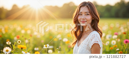 Young woman enjoying a sunny day in a vibrant flower field while the sun sets in the background 121882727