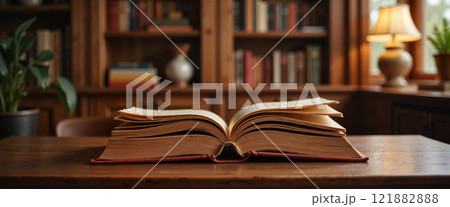 Discovering knowledge in a cozy library filled with books and warm lighting 121882888