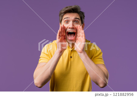 Attention, Portrait Of Handsome Man Shouting, Holding Hand Near Open Mouth Attention, Portrait Of Handsome Man Shouting, Holding Hand Near Open Mouth 121882956