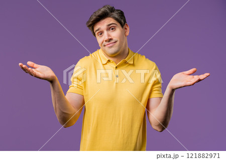 Ignorant mature 30s man, shoulders up - can't help, makes gesture I dont know Ignorant mature 30s man, shoulders up - can't help, makes gesture I dont know 121882971