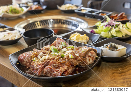 Korean BBQ. Seasoned beef ribs 121883057