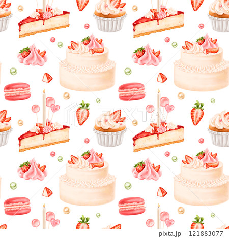 Seamless pattern with berry confectionery. Cake, cheesecake, cupcake, macaroon decorated with juicy strawberries, cream, cream, lollipops. Decorations for parties, holidays. Hand drawing, background 121883077