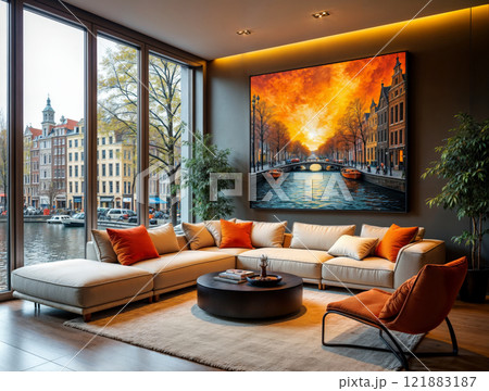 Modern living room with large painting and canal view in Amsterdam during sunset Modern living room with large painting and canal view in Amsterdam during sunset 121883187