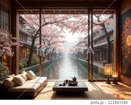 Serene riverside room with cherry blossoms and traditional Japanese architecture in spring 121883198