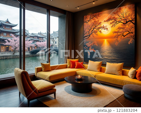 Cozy interior with scenic view of cherry blossoms and sunset over water in modern space 121883204