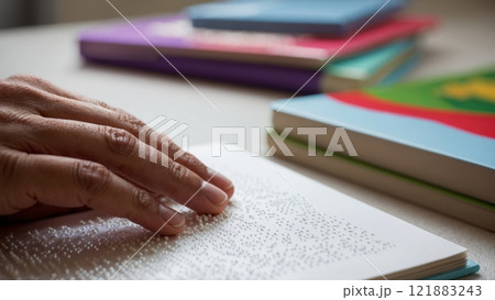 Close-up of a blind person's fingers gliding over the pages of a book written in Braille. 121883243