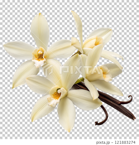 Vanilla sticks with blooming beautiful flowers isolated on the transparent background 121883274
