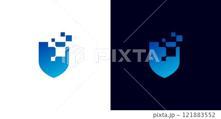 Blue Digital Shield Logo With Pixelated Design on Dual Background 121883552