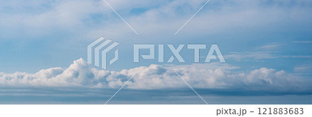 BANNER Atmosphere long panorama real photo beautiful summer white cloud clear blue sky line calm. Concept paradise life. Design relax wallpaper background. More tone format fantasy collection in stock BANNER Atmosphere long panorama real photo beautiful summer white cloud clear blue sky line calm. Concept paradise life. Design relax wallpaper background. More tone format fantasy collection in stock 121883683