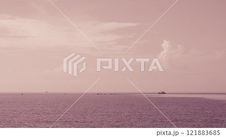 Atmosphere panorama white cloud clear sky horizon line calm empty sea lone fishing boat sunset sunrise red orange tone. Concept paradise life. Design relax wallpaper background. More tone in stock Atmosphere panorama white cloud clear sky horizon line calm empty sea lone fishing boat sunset sunrise red orange tone. Concept paradise life. Design relax wallpaper background. More tone in stock 121883685