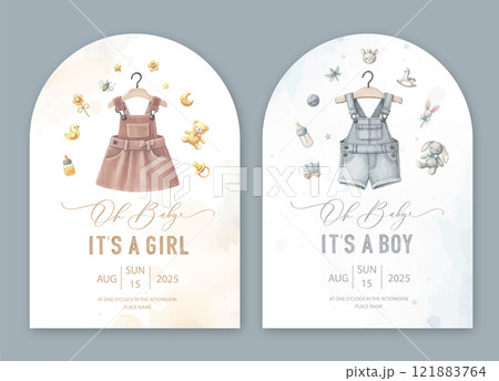 Cute baby shower watercolor invitation card for baby and kids new born celebration. Its a girl, Its a boy card with baby dress and toys. 121883764