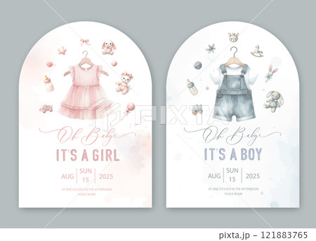 Cute baby shower watercolor invitation card for baby and kids new born celebration. Its a girl, Its a boy card with baby dress and toys. Cute baby shower watercolor invitation card for baby and kids new born celebration. Its a girl, Its a boy card with baby dress and toys. 121883765