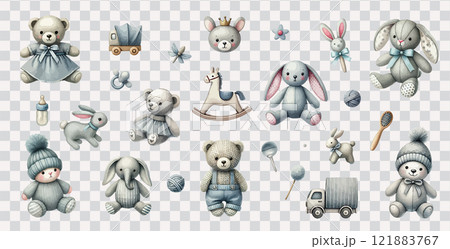 Watercolor hand drawn set of newborn kids toys vector. 121883767