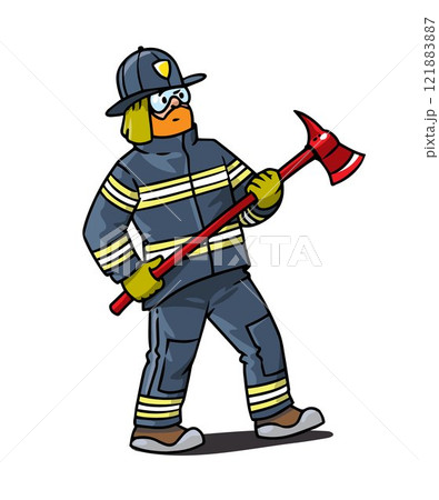 Firefighter or fireman with fire axe. 121883887