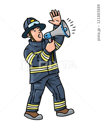 Firefighter or fireman with a megaphone Firefighter or fireman with a megaphone 121883889
