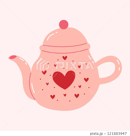 Hand draw teapot illustration with heart. Saint Valentines day vector sticker for collage, poster and card Hand draw teapot illustration with heart. Saint Valentines day vector sticker for collage, poster and card 121883947