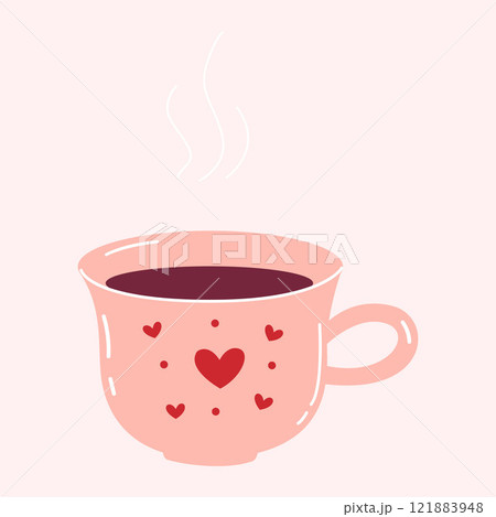 Hand drawn illustration of cute cup of coffee. Love sticker for collages, posters and cards. Hand drawn illustration of cute cup of coffee. Love sticker for collages, posters and cards. 121883948
