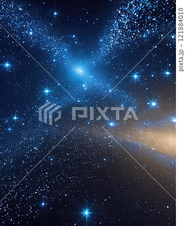 Vast cosmic landscape filled with bright stars and swirling galaxies in deep space. 121884010