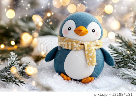 Adorable handmade penguin plush toy wearing a scarf in a snowy christmas setting 121884151