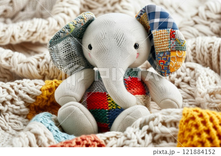 Handmade elephant toy sitting on knitted blanket 121884152