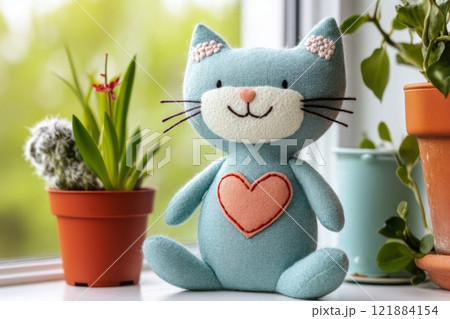 Adorable handmade plush cat toy sitting on windowsill with plants 121884154