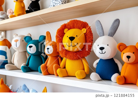 Colorful handmade plush animals sitting on shelves, displaying playful charm 121884155