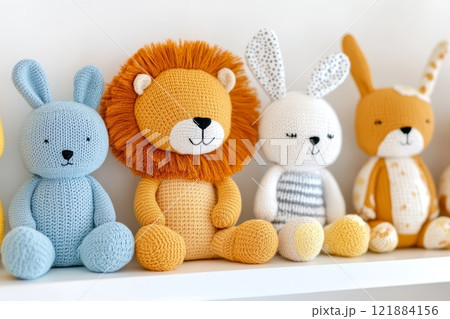 Colorful handmade plush animals sitting on shelves, displaying playful charm 121884156