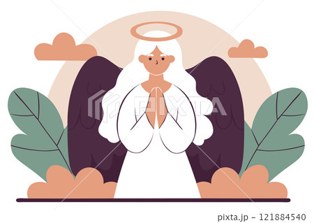 Woman with angel wings and luminous halo over head. Vector flat illustration Woman with angel wings and luminous halo over head. Vector flat illustration 121884540