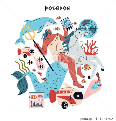 Olympic Gods and AI synergy concept. Poseidon with modern technology elements in an underwater setting. Myth meets artificial intelligence. Vector illustration. Olympic Gods and AI synergy concept. Poseidon with modern technology elements in an underwater setting. Myth meets artificial intelligence. Vector illustration. 121884702