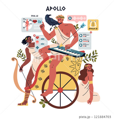Olympic Gods Synergy AI concept. Apollo fuses technology with mythology, using AI tools to manage health, music, and prophecies. Vector illustration. Olympic Gods Synergy AI concept. Apollo fuses technology with mythology, using AI tools to manage health, music, and prophecies. Vector illustration. 121884703