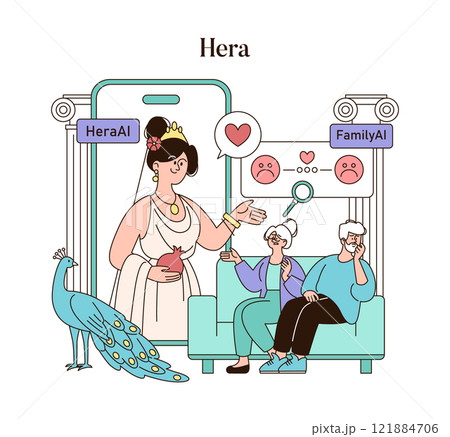 Olympic Gods Synergy AI concept. Modern Hera uses AI technology to assess family dynamics, with a peacock by her side. Vector illustration. 121884706