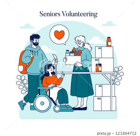 Senior Volunteering concept. Elderly people engage in community service, showcasing intergenerational solidarity and care. Elderly support, active retirement. Vector illustration. Senior Volunteering concept. Elderly people engage in community service, showcasing intergenerational solidarity and care. Elderly support, active retirement. Vector illustration. 121884712