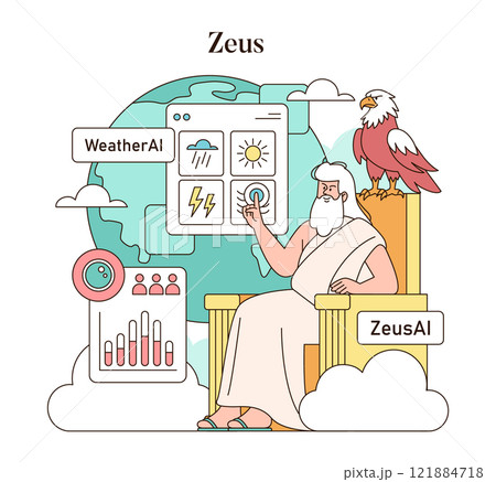 Olympic Gods Synergy AI concept. Zeus interfaces with weather AI technology among clouds and an eagle. Ancient mythology meets modern innovation. Vector illustration. Olympic Gods Synergy AI concept. Zeus interfaces with weather AI technology among clouds and an eagle. Ancient mythology meets modern innovation. Vector illustration. 121884718