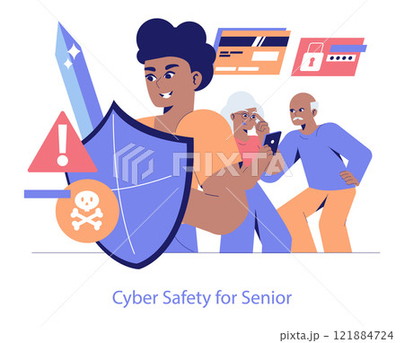 Inter-generational digital protection concept. A young person guiding seniors in cyber safety, armed with a shield against digital threats. The importance of safeguarding seniors online. Vector Inter-generational digital protection concept. A young person guiding seniors in cyber safety, armed with a shield against digital threats. The importance of safeguarding seniors online. Vector 121884724