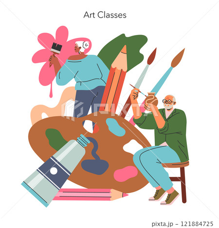 Senior creativity concept. Elderly couple engaged in art class activities, combating loneliness. Creative aging with painting hobby. Vector illustration. 121884725
