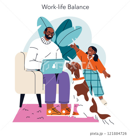 Remote Work Balance concept. A man comfortably works from home, engaging with a child and pet. Telecommuting lifestyle integration with family and relaxation time. Vector illustration. Remote Work Balance concept. A man comfortably works from home, engaging with a child and pet. Telecommuting lifestyle integration with family and relaxation time. Vector illustration. 121884726