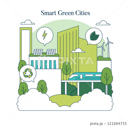Green Infrastructure concept. Sustainable urban development with eco-friendly buildings and renewable energy. Green spaces, recycling, clean transport integration. Vector illustration. Green Infrastructure concept. Sustainable urban development with eco-friendly buildings and renewable energy. Green spaces, recycling, clean transport integration. Vector illustration. 121884735
