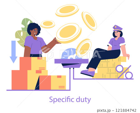 Customs Tariffs concept. Illustration of a customs officer and merchant calculating import duties. Exchange of coins symbolizing tariff payment. Vector illustration. 121884742
