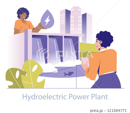 Renewable energy concept. Illustration of a hydroelectric power plant with characters and urban backdrop. Clean electricity production, sustainable development. Vector illustration. Renewable energy concept. Illustration of a hydroelectric power plant with characters and urban backdrop. Clean electricity production, sustainable development. Vector illustration. 121884771