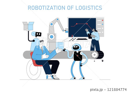 Automation in Logistics concept. Digital transformation in industry with robots assisting humans. Innovation, collaboration, efficiency in supply chain. Vector illustration. Automation in Logistics concept. Digital transformation in industry with robots assisting humans. Innovation, collaboration, efficiency in supply chain. Vector illustration. 121884774